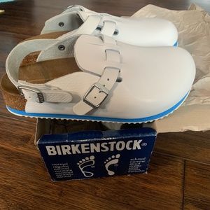 NIB 37 Birkenstock Kay Professional white/blue Leather Mules/Clogs. Size 6